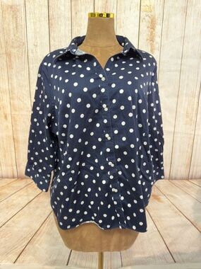 Chaps Navy and White Polka Dot Button-Down Shirt, No Iron, women’s Sz 3X